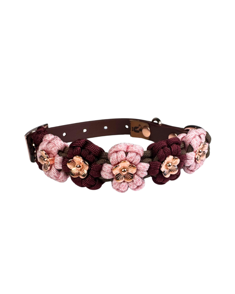 Obroża kwiatowa paracord na sprzączkę BioThane® z metalowymi kwiatkami rose gold