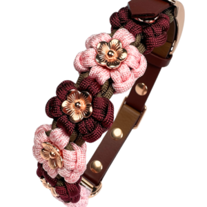 Obroża kwiatowa paracord na sprzączkę BioThane® z metalowymi kwiatkami rose gold
