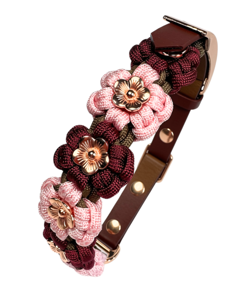 Obroża kwiatowa paracord na sprzączkę BioThane® z metalowymi kwiatkami rose gold