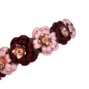 Obroża kwiatowa paracord na sprzączkę BioThane® z metalowymi kwiatkami rose gold
