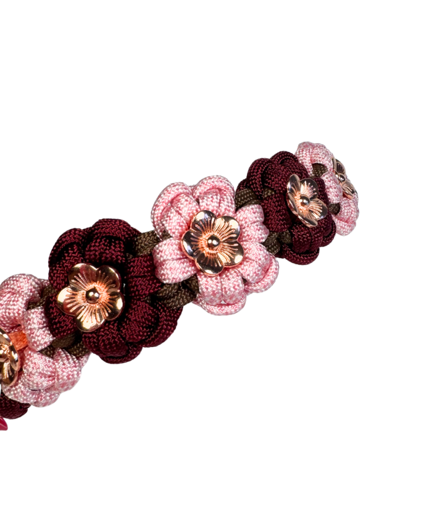 Obroża kwiatowa paracord na sprzączkę BioThane® z metalowymi kwiatkami rose gold
