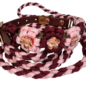 Obroża kwiatowa paracord na sprzączkę BioThane® z metalowymi kwiatkami rose gold