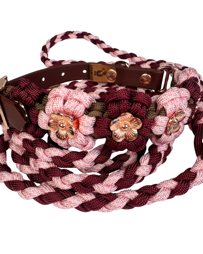 Obroża kwiatowa paracord na sprzączkę BioThane® z metalowymi kwiatkami rose gold